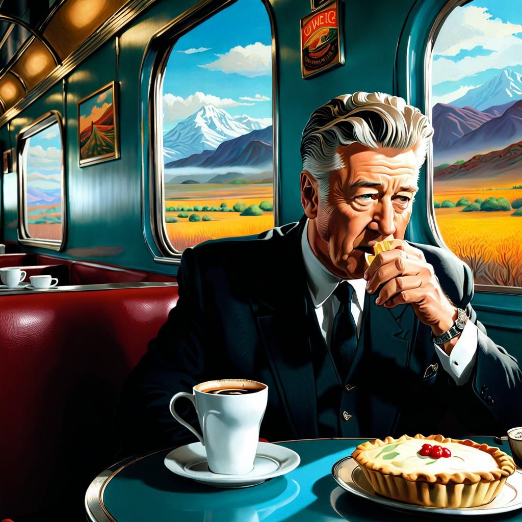 Hyperrealistic Train Dining Scene with Coffee and Pie