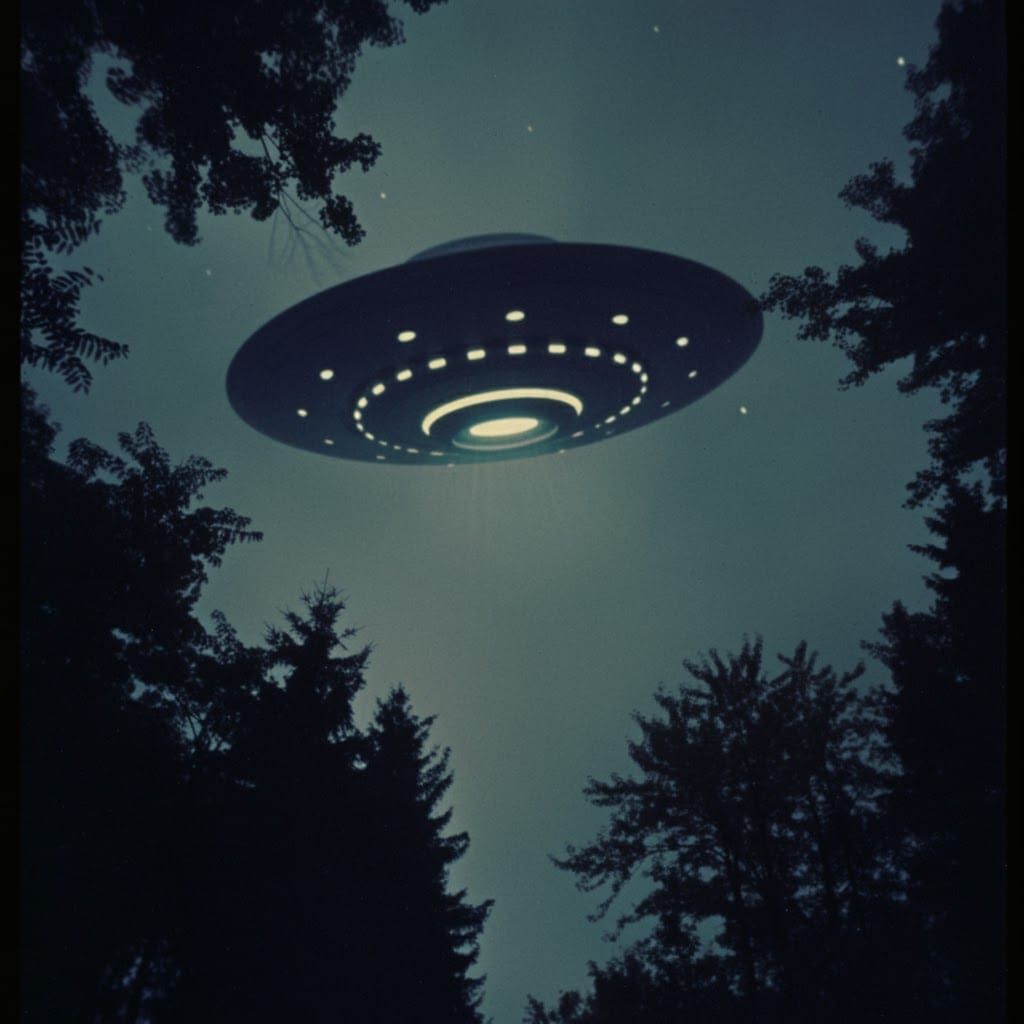 1970s Style UFO Descends Through Trees