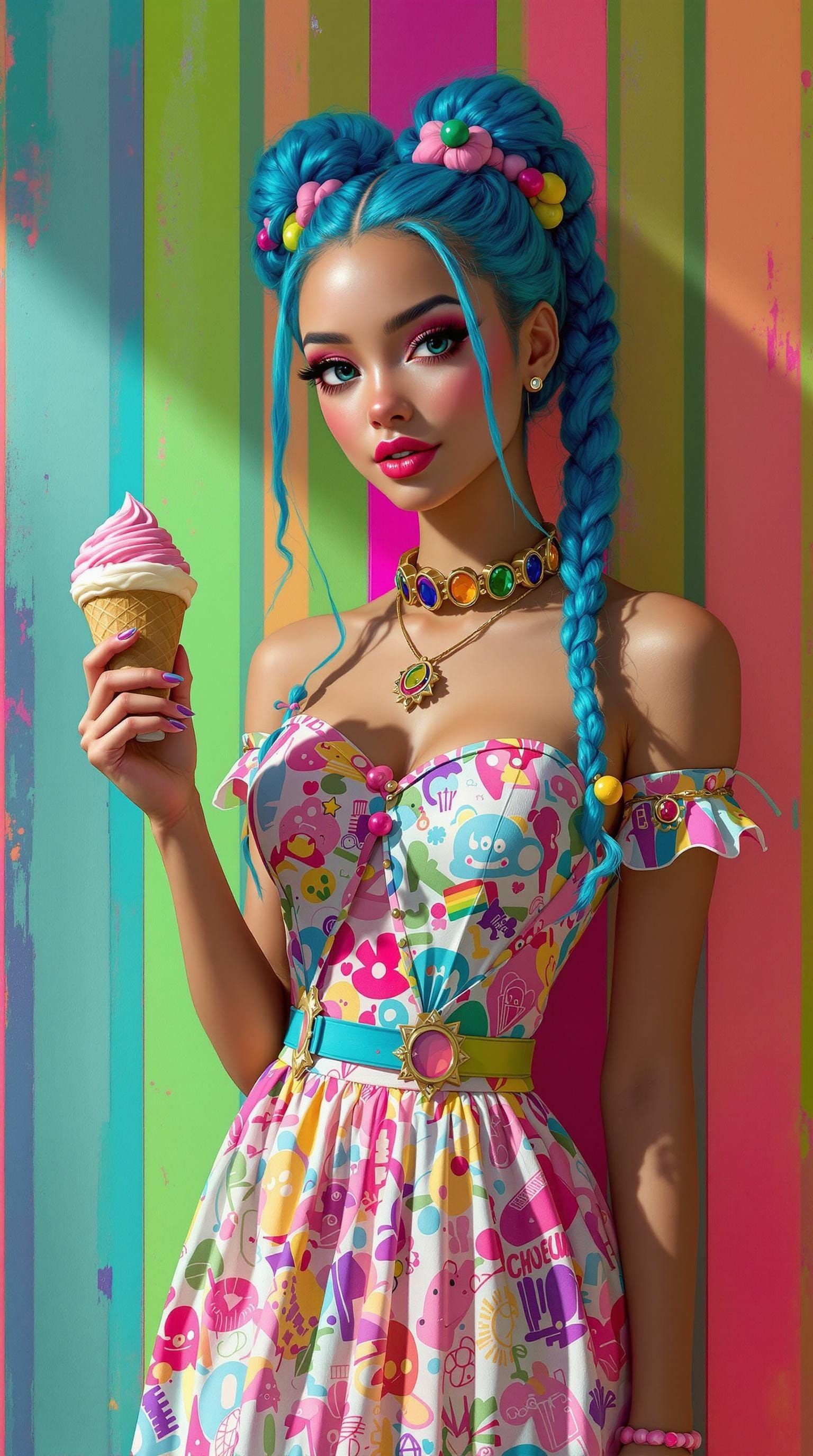 Goddess Girl with Vibrant Hair and Colorful Dress