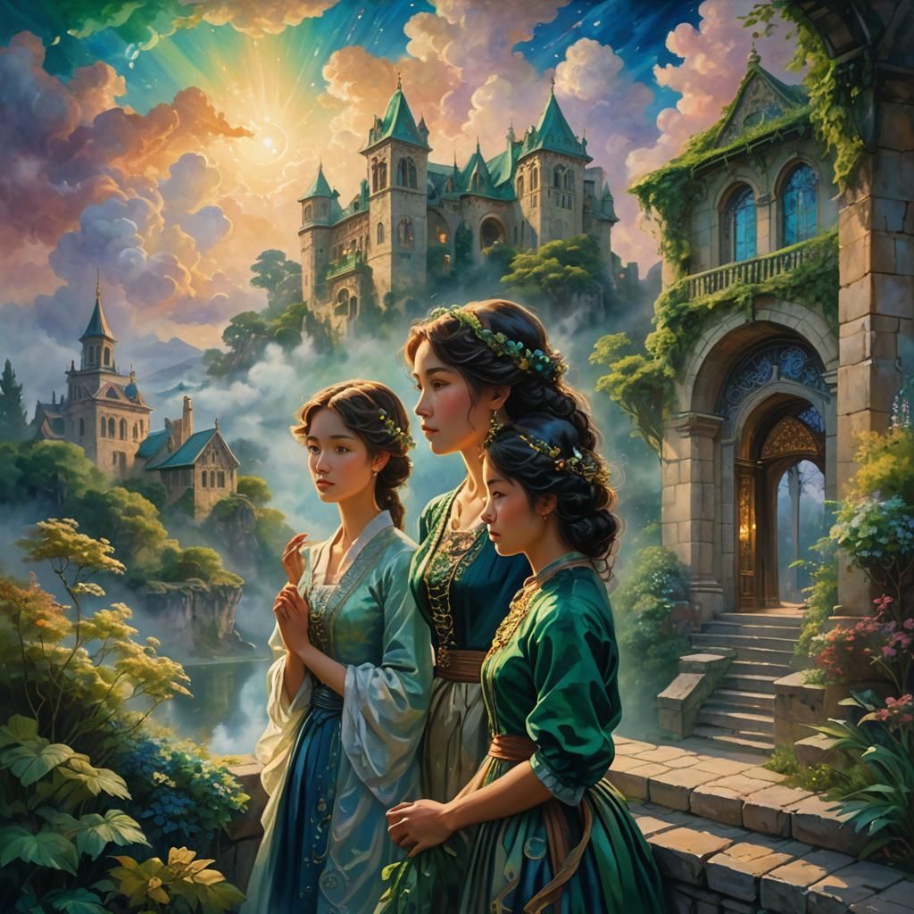Dreamy Fantasy Portrait of Women Gazing at Clouds