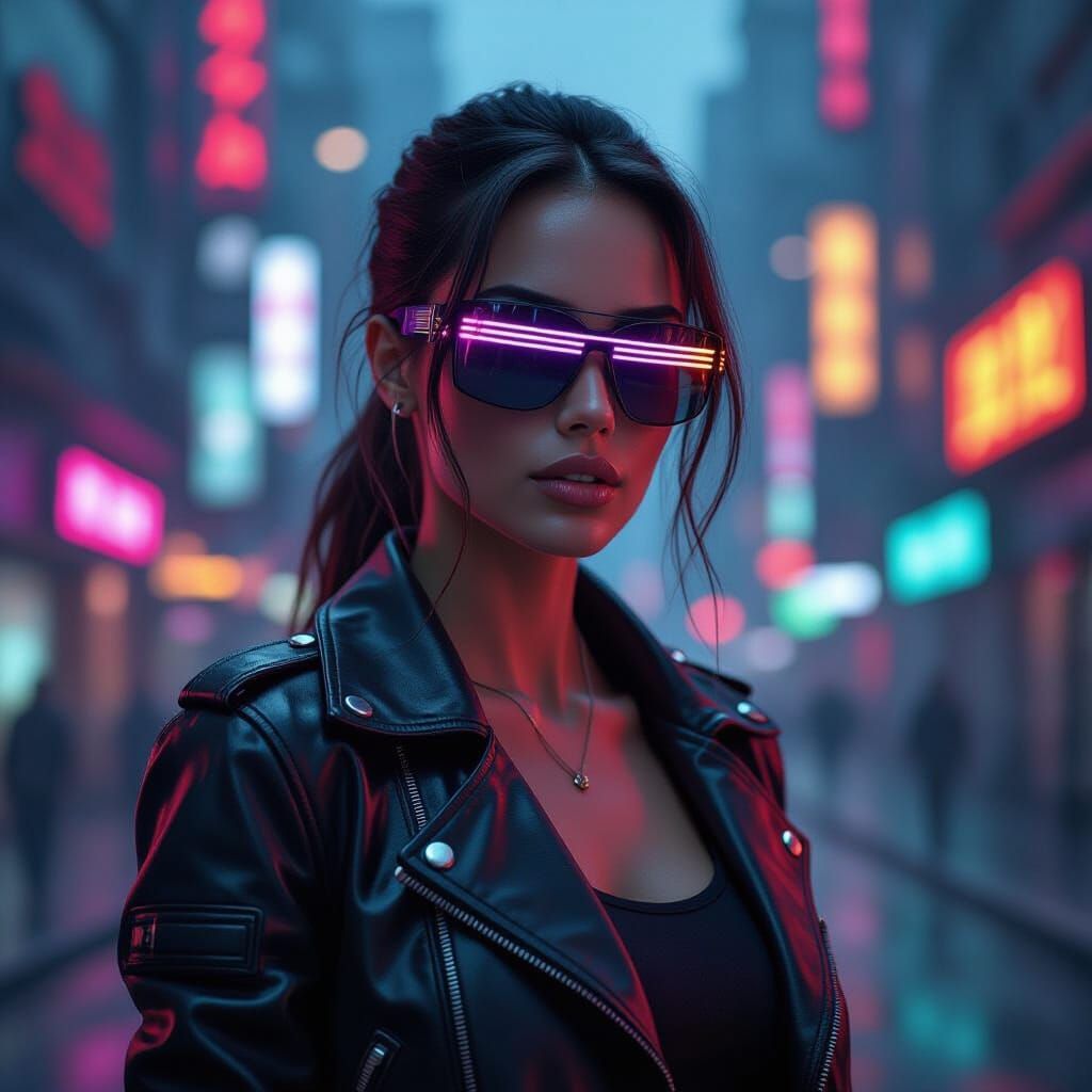 Cyberpunk Woman in Futuristic Cityscape