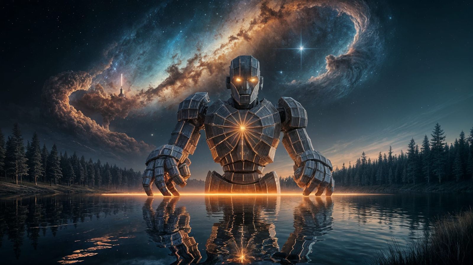 Stone Golem Emerges from Reflective Lake