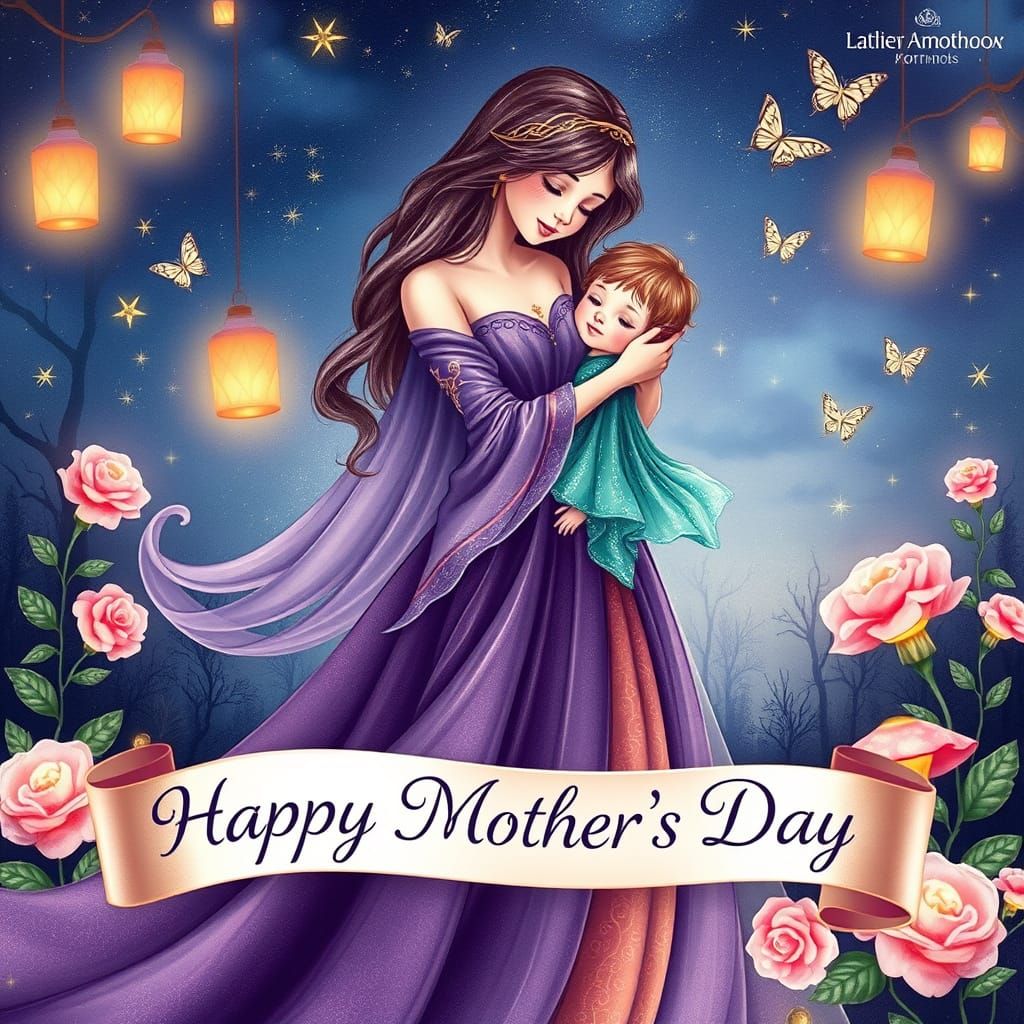 Mother and Child Embrace in Whimsical Fairy Tale Scene