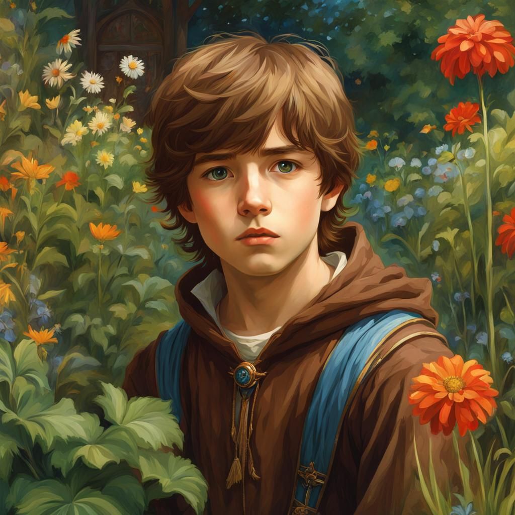 Surprised Boy in Medieval Garden, Waterhouse Style