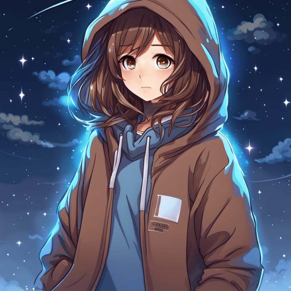Anime Girl in Blue Hoodie Under Night Sky