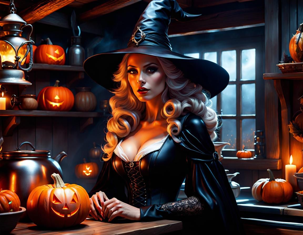 Beautiful Witch in Cottage Kitchen, Halloween Fantasy