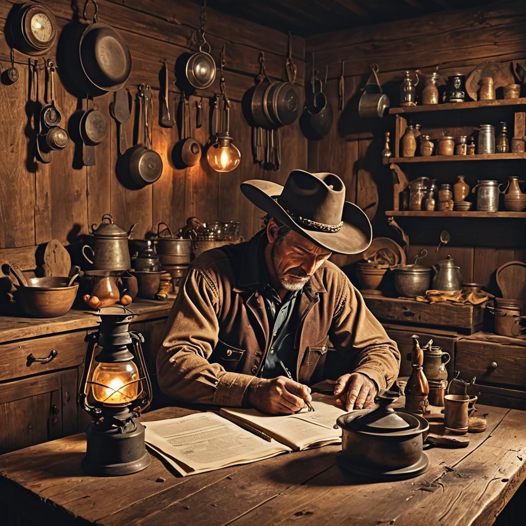 Cowboy Poet Writing by Lamplight