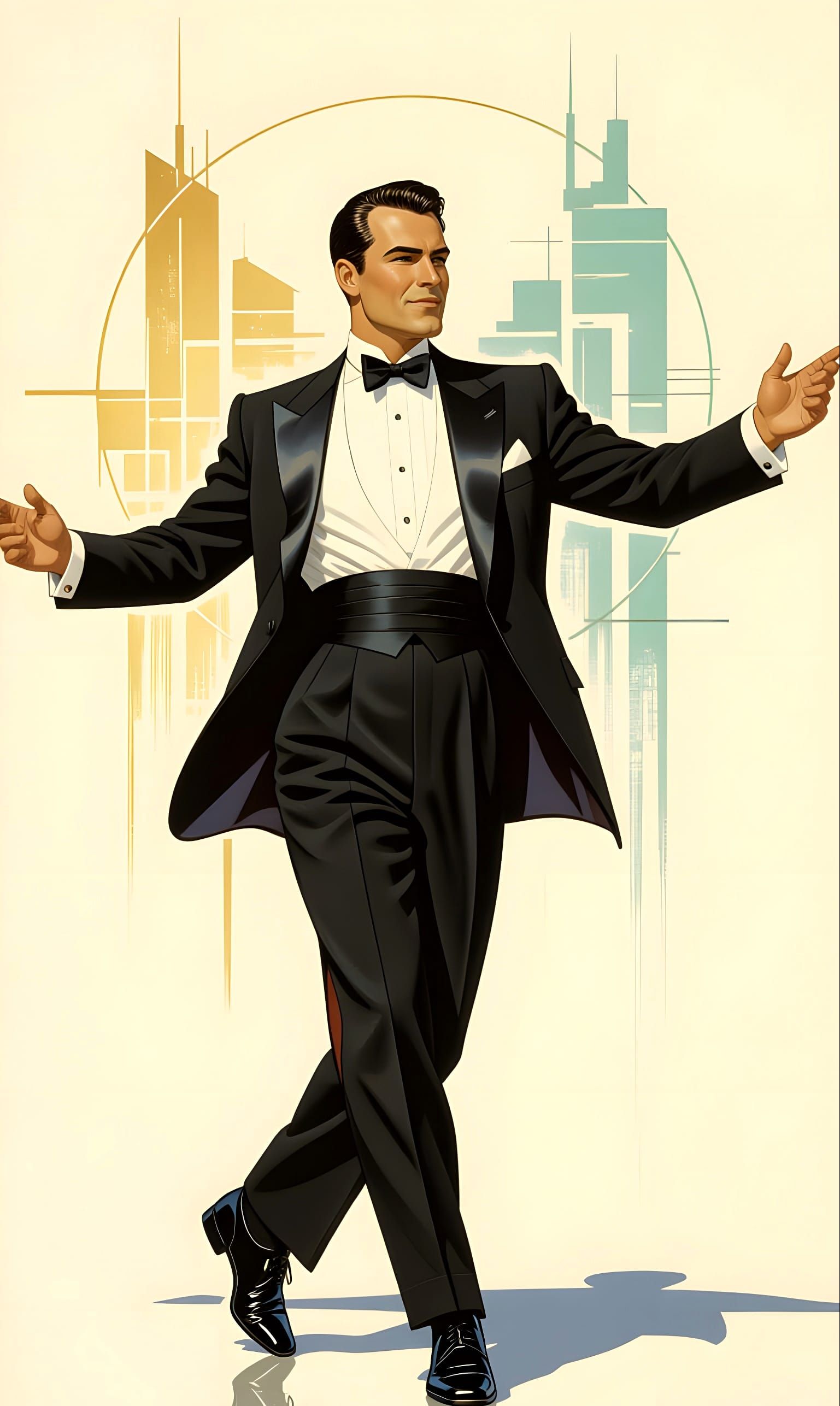 1940s Tuxedoed Man in Dance Pose, Detailed Matte Painting