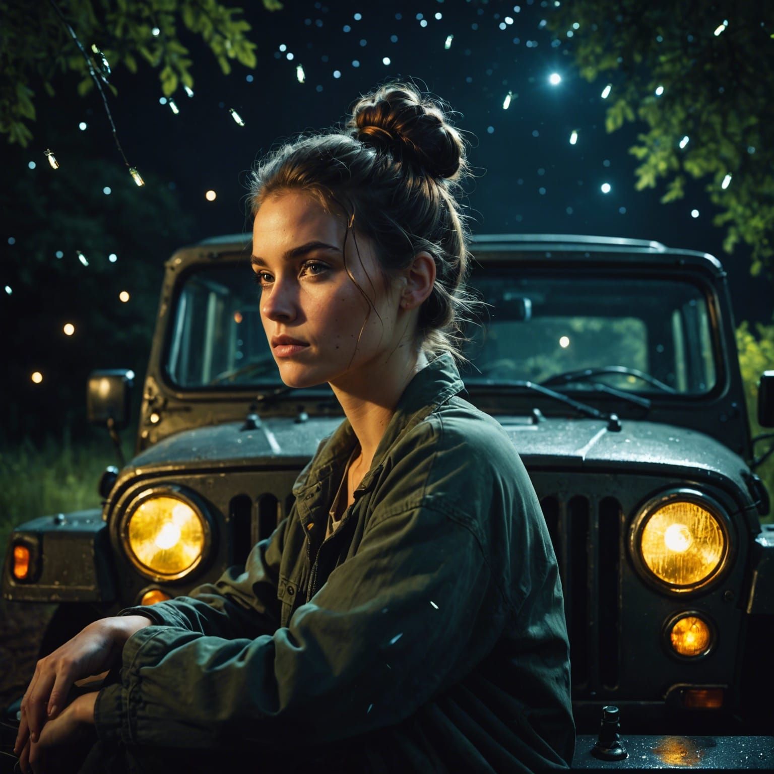 Night Photo: Woman with Fireflies in Jeep