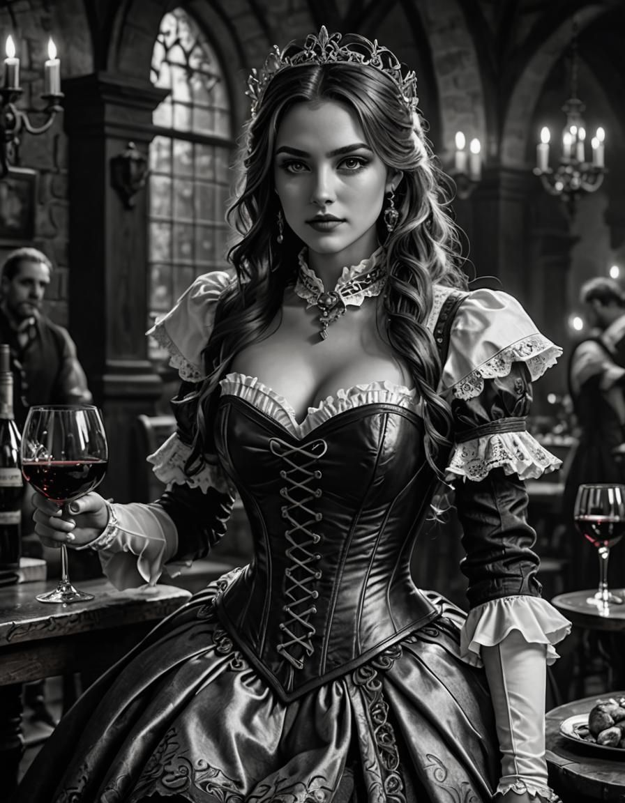 Medieval Magical Girl Portrait in Black and White