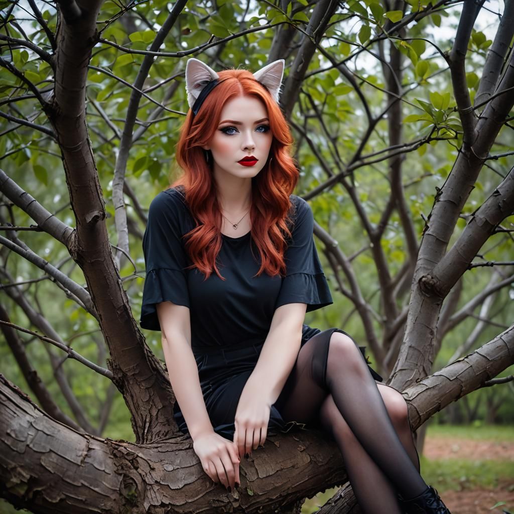 Red-Haired Girl with Cat Ears in a Tree