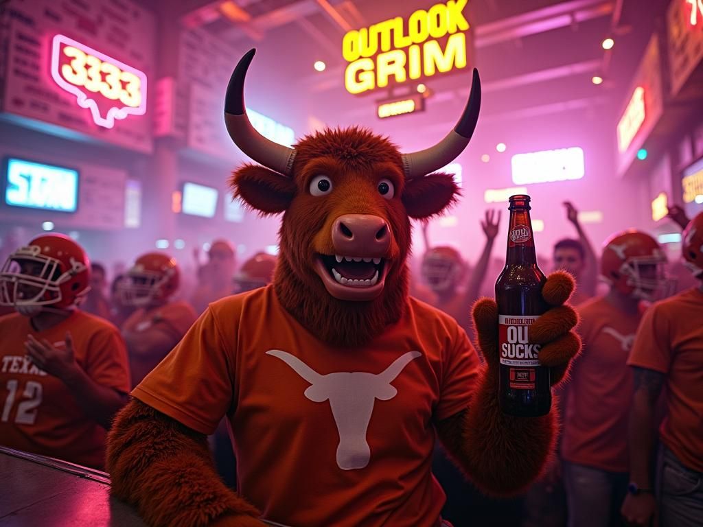 Texas Longhorn Mascot Celebrates Victory in Neon Bar