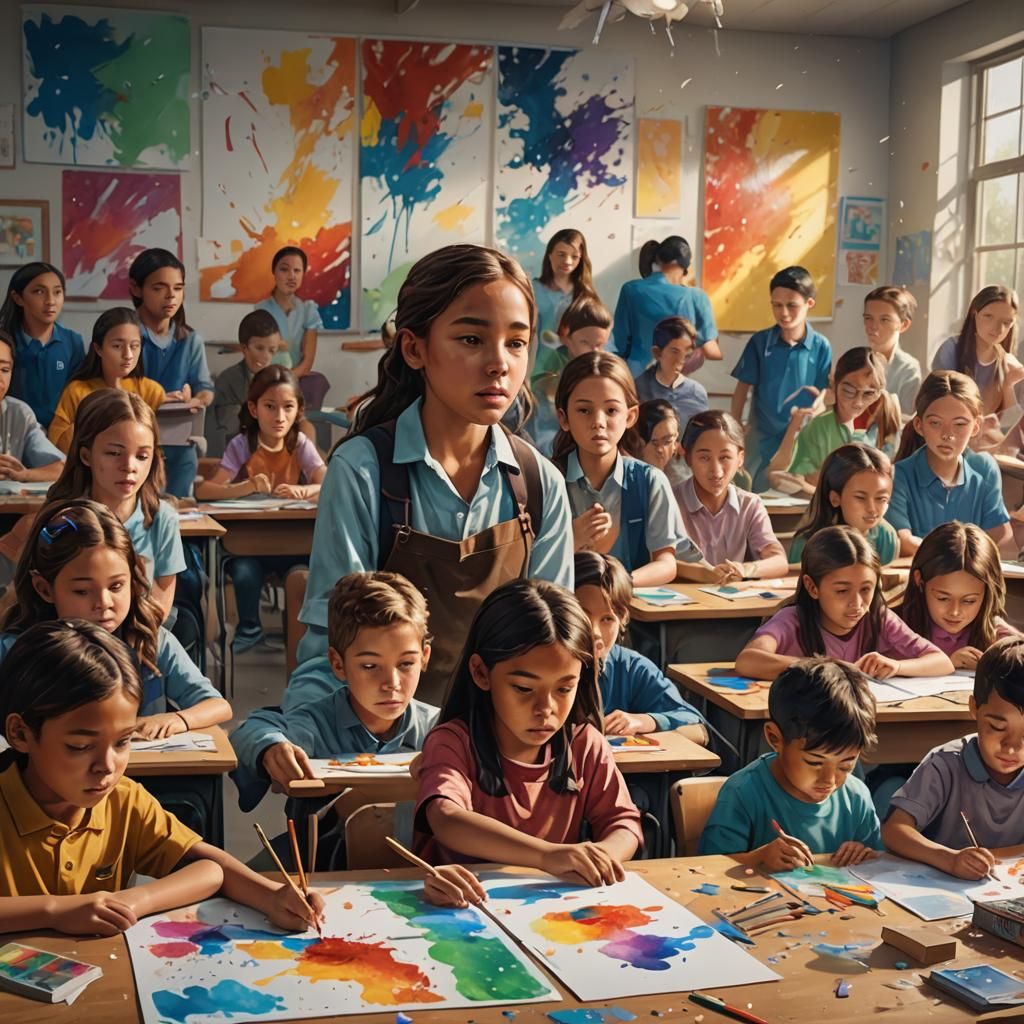 Hyperrealistic Classroom Art Project with Colorful Accents