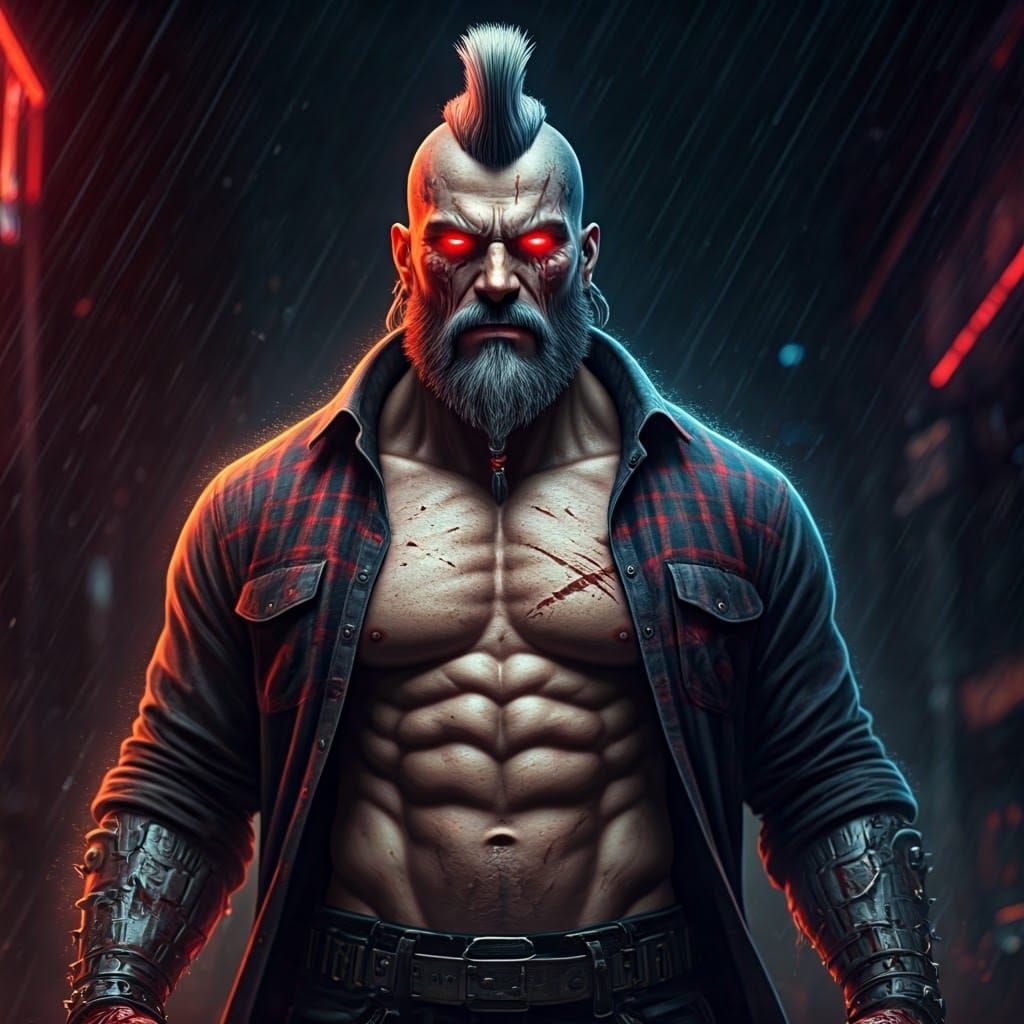 Cyberpunk Warrior in Dark, Rain-Soaked Alley