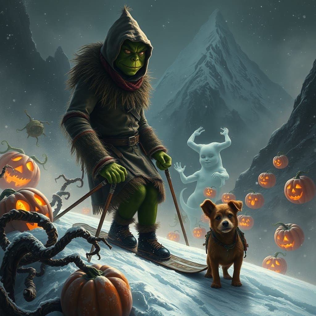 Muscular Grinch Skis Through Ghost and Pumpkin Battle