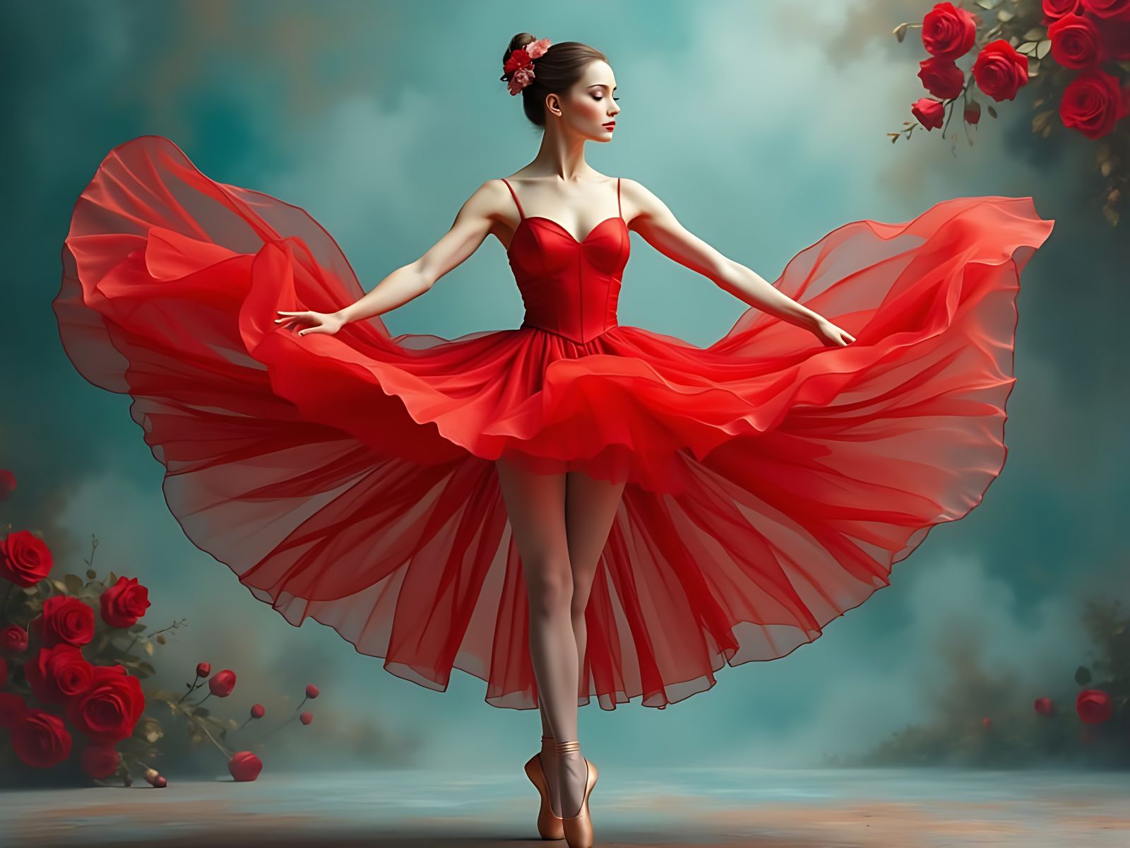 Ballerina En Pointe Surrounded by Roses