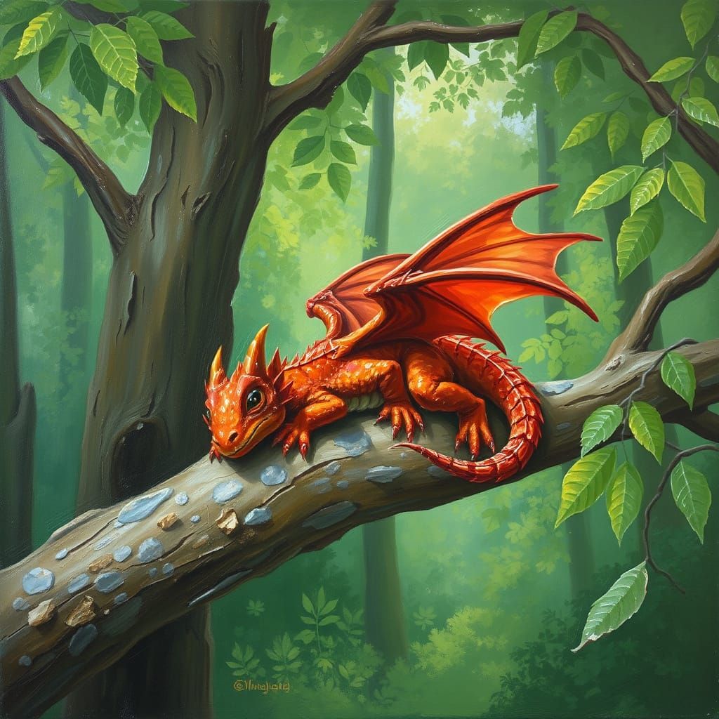 Tiny Red Dragon Napping in Verdant Woods Oil Painting