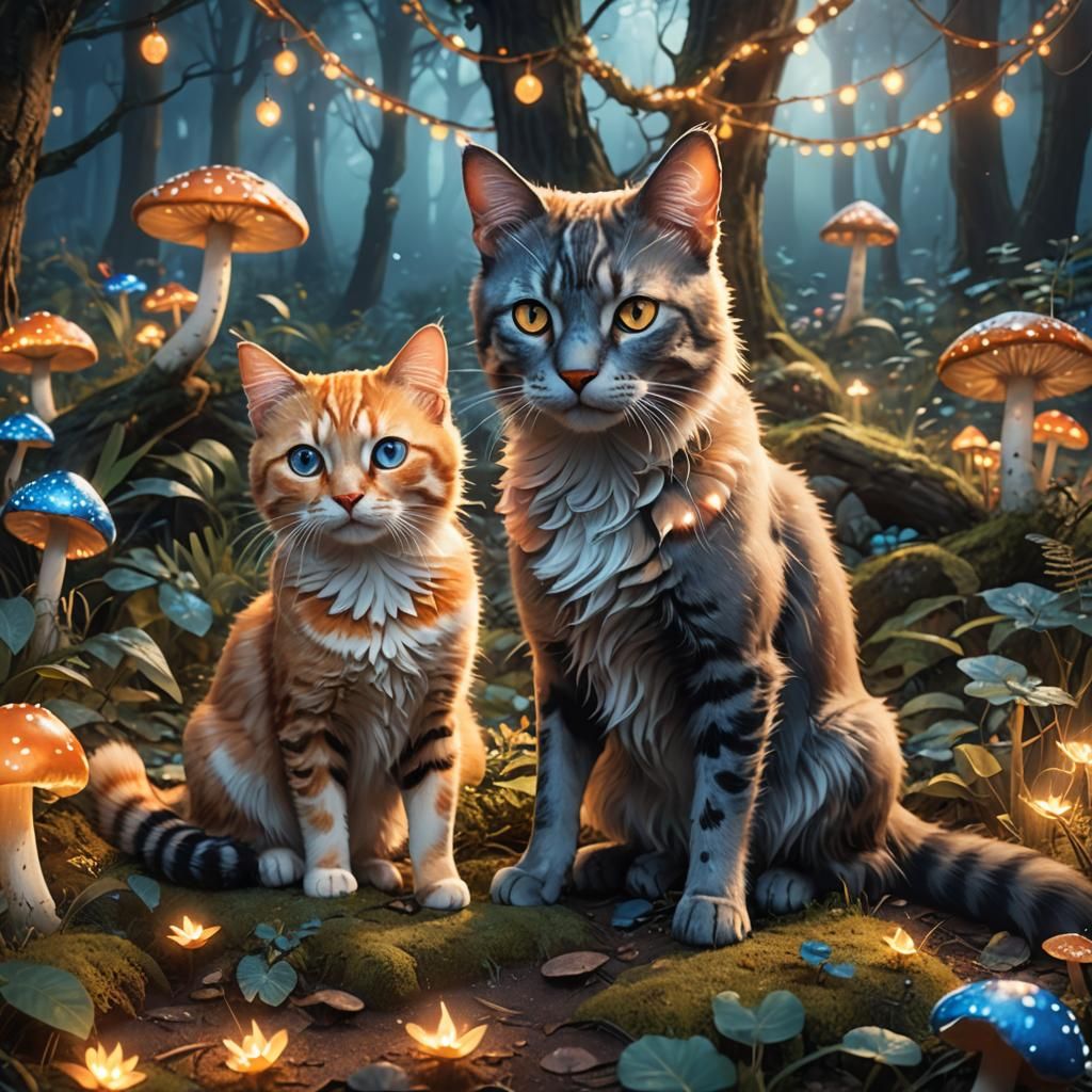 Enchanting Forest Scene: Cat and Dog Friendship