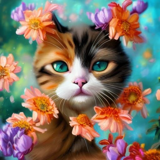 Cute Cat in Floral Explosion, Oil Painting Style
