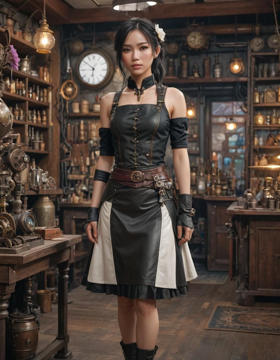 Vietnamese Magician in Steampunk Shop: 3D Anime Art