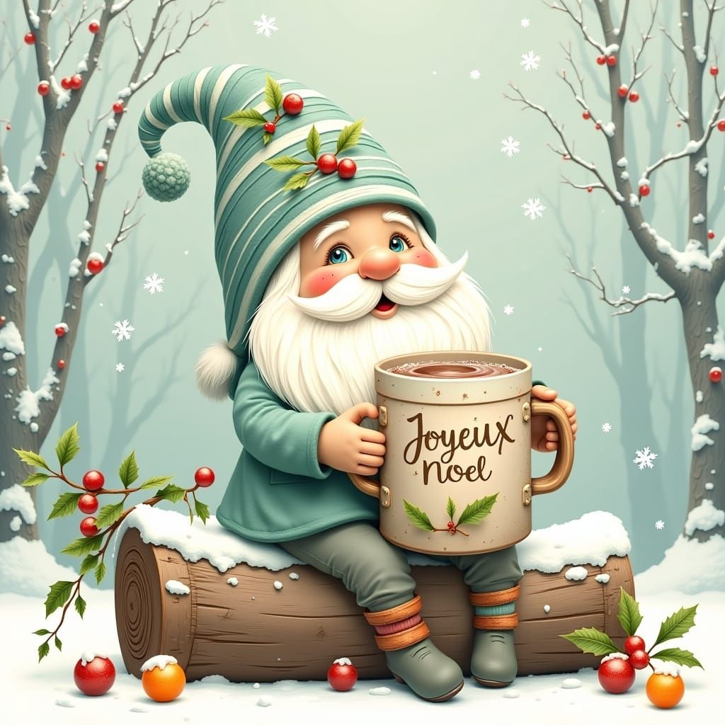Adorable Winter Gnome with Hot Chocolate Mug