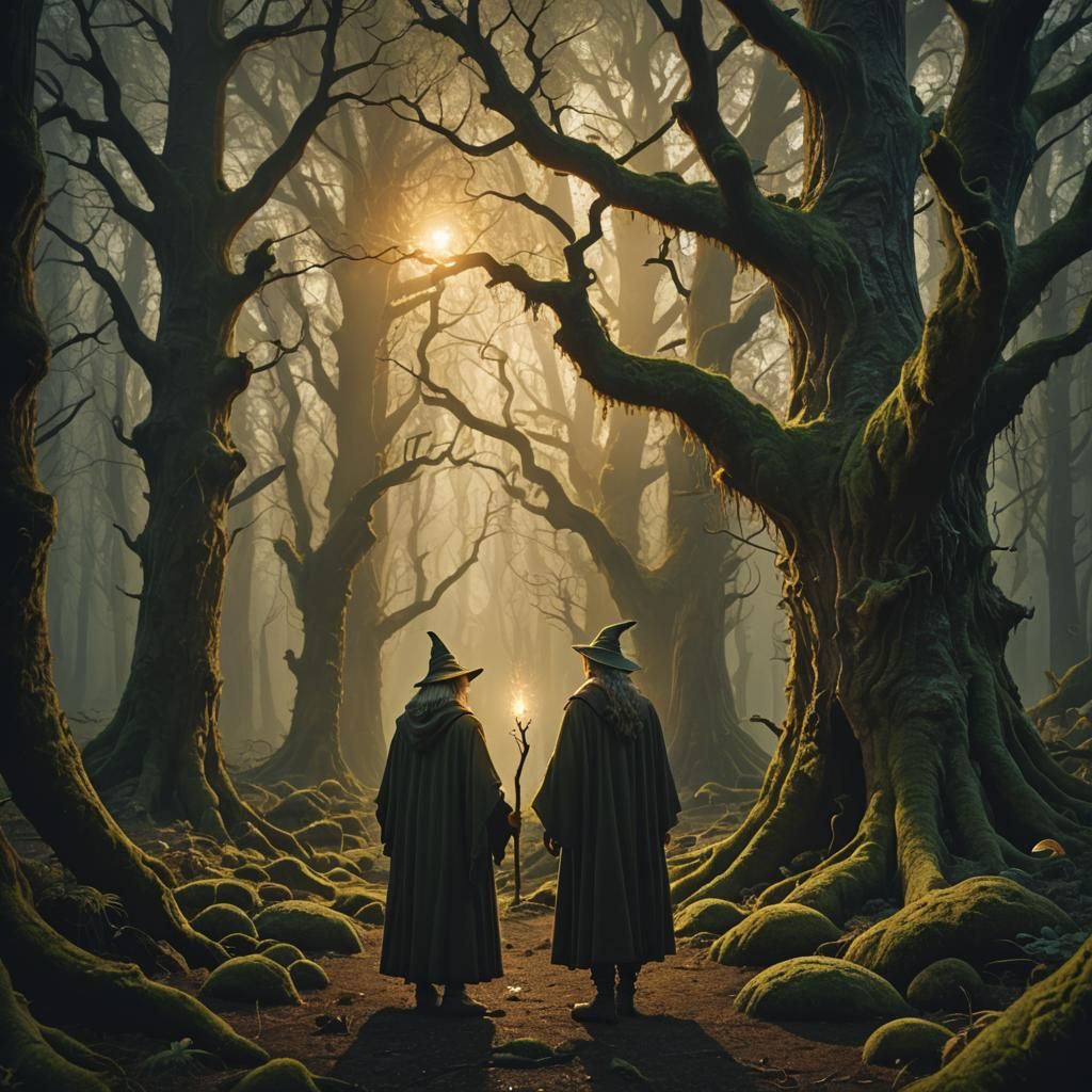 Wizard in Forest Speaks to Woman: Fantasy Illustration