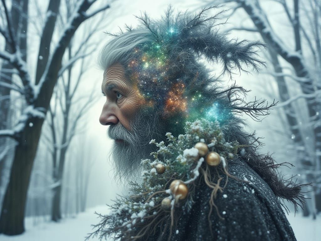 Old Elf Silhouette Over Winter Wonderland