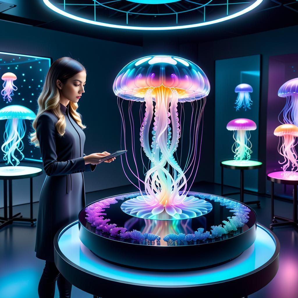 Holographic Jellyfish in Sci-Fi Lab: 3D Rendering