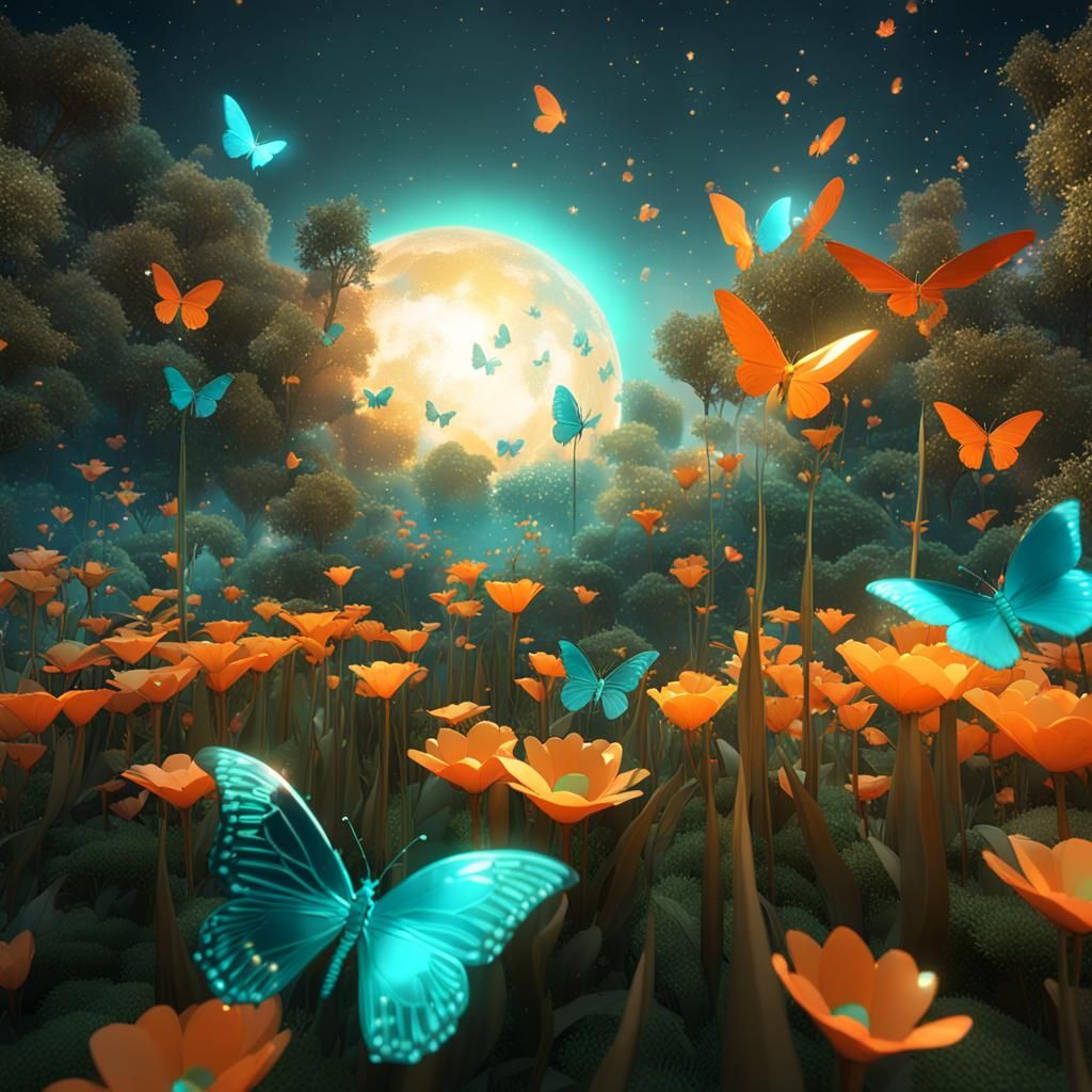 Iridescent Lunar Landscape with Aurora and Butterflies