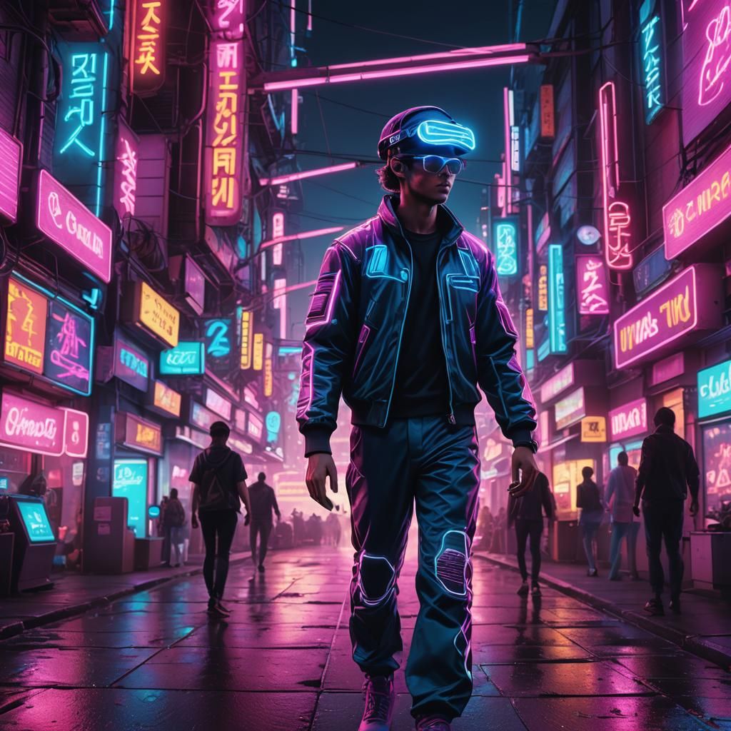 Pilot Among Shells in Neon Retro Cityscape