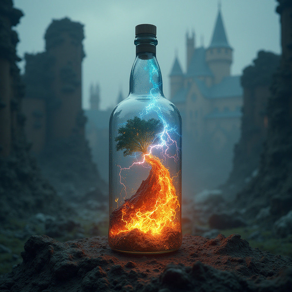 Mystical Bottle with Swirling Elements and Castle Ruins