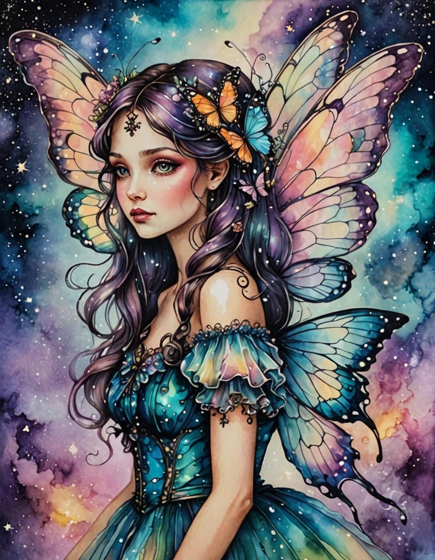 Victorian Fairy with Butterfly Wings in Alcohol Ink