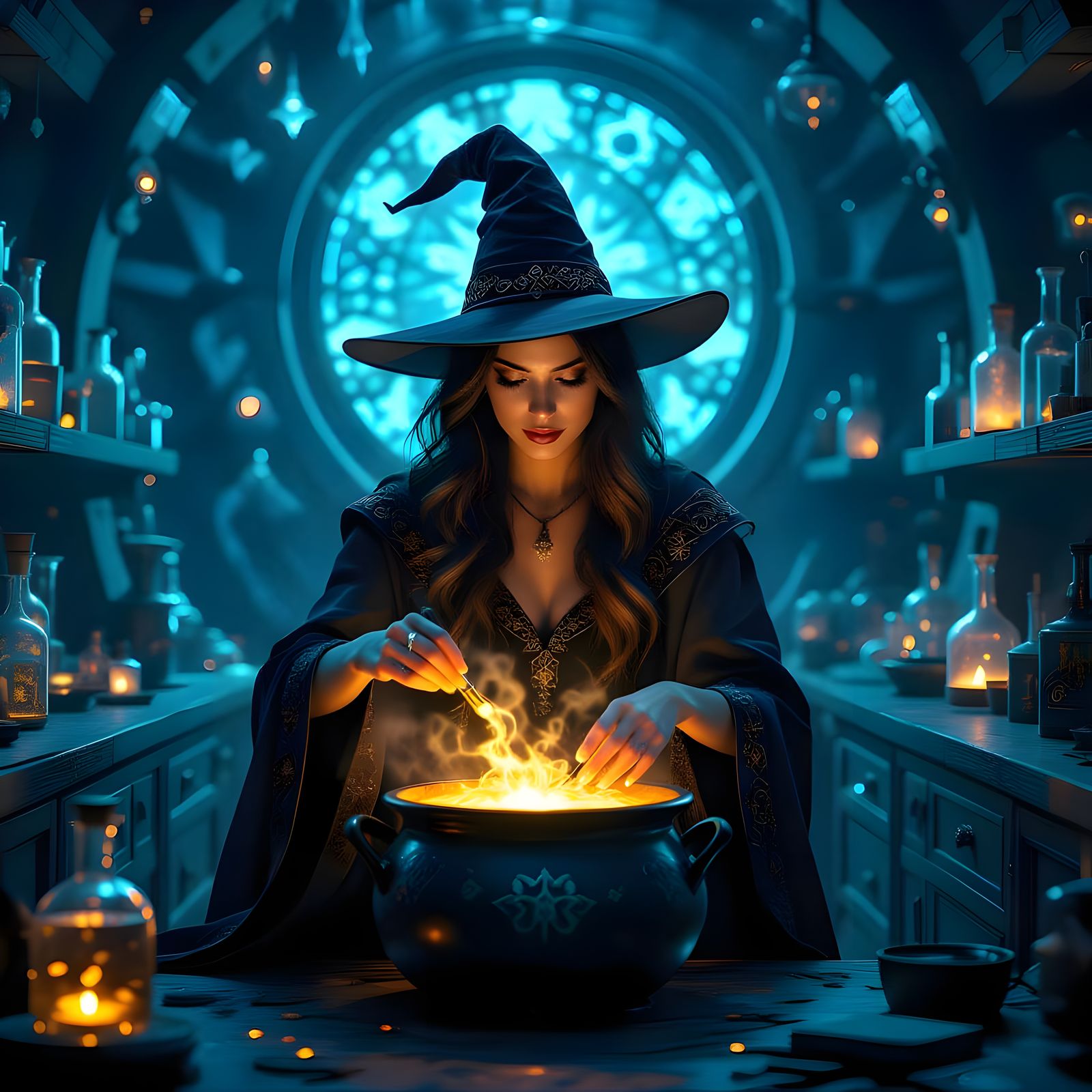 Futuristic Witch Brewing Potion with Magical Light