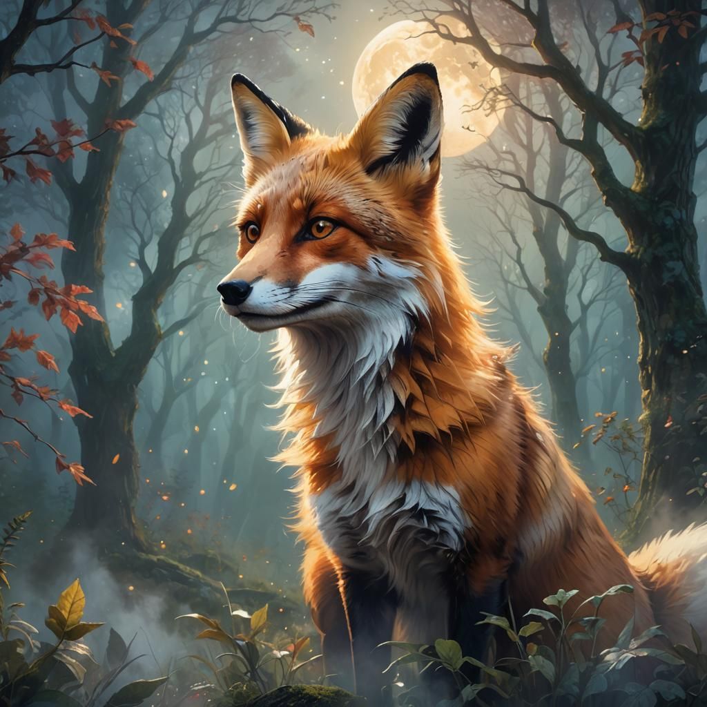 Fox in Misty Forest, Hyperrealistic Fantasy Art