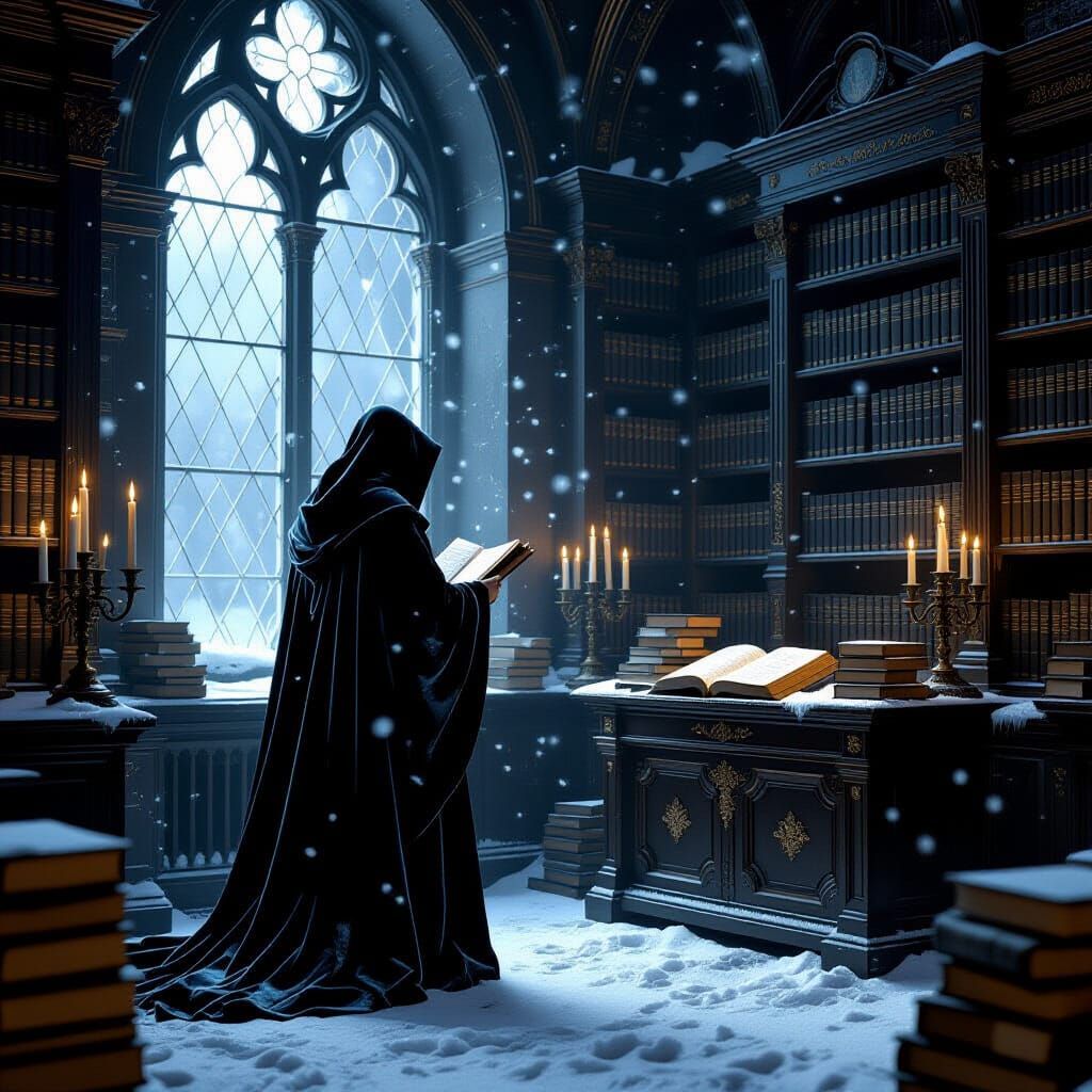 Scholar in Snow-Dusted Library with Flickering Candlelight