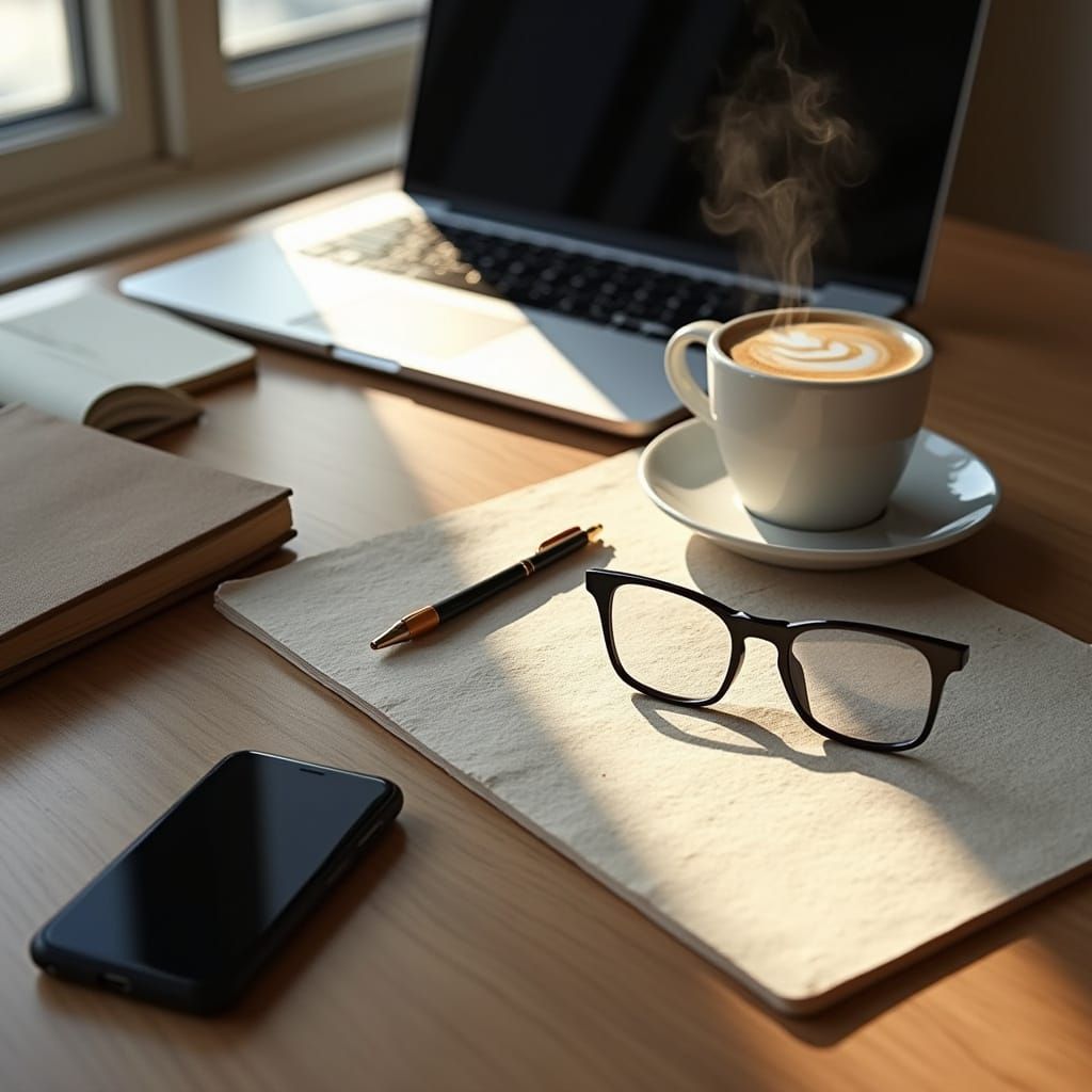 Minimalist Office Workspace with Laptop and Coffee Cup