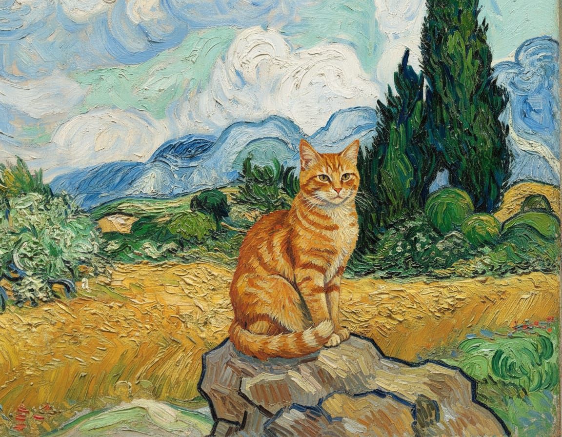 Cat on Rock in Van Gogh Style Wheat Field