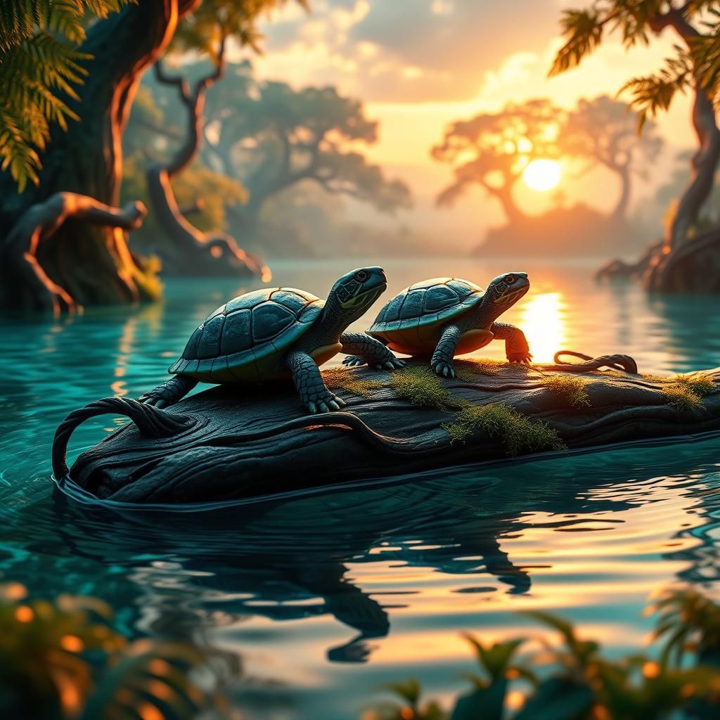 Mystical Turtles in Iridescent Lagoon