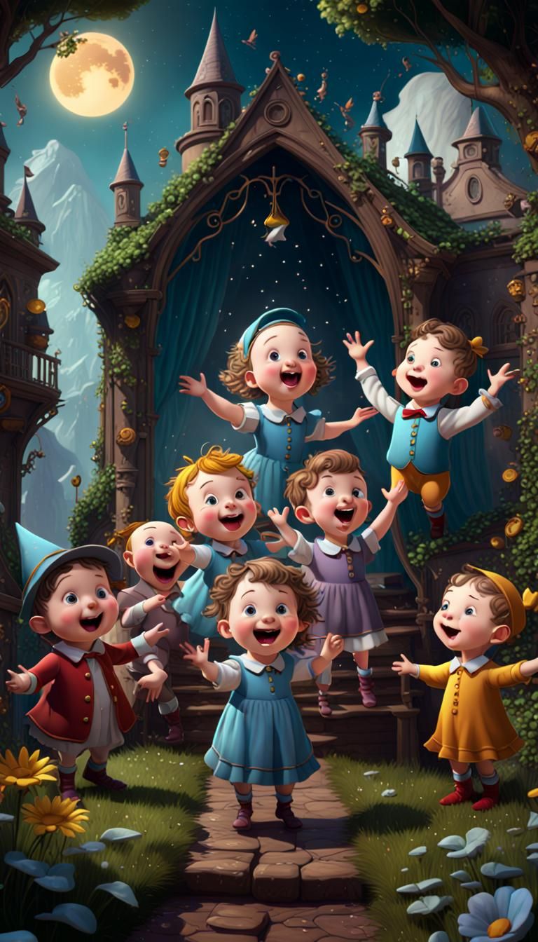 Happy Children Singing Nursery Rhymes in Detailed Painting