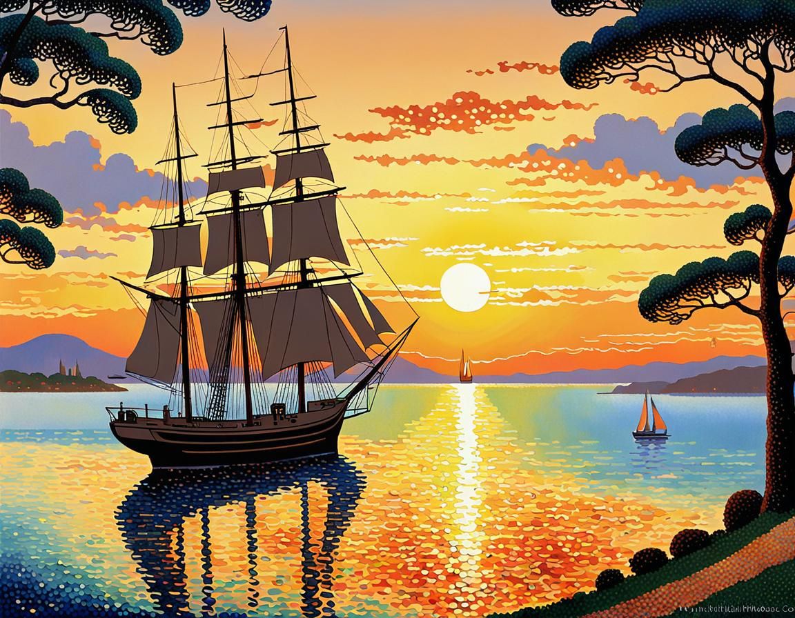 Bay Sunset with Sailboat in Pointillism Style