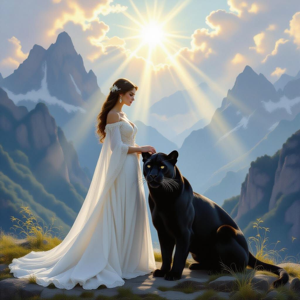 Woman and Panther in Serene Mountain Landscape