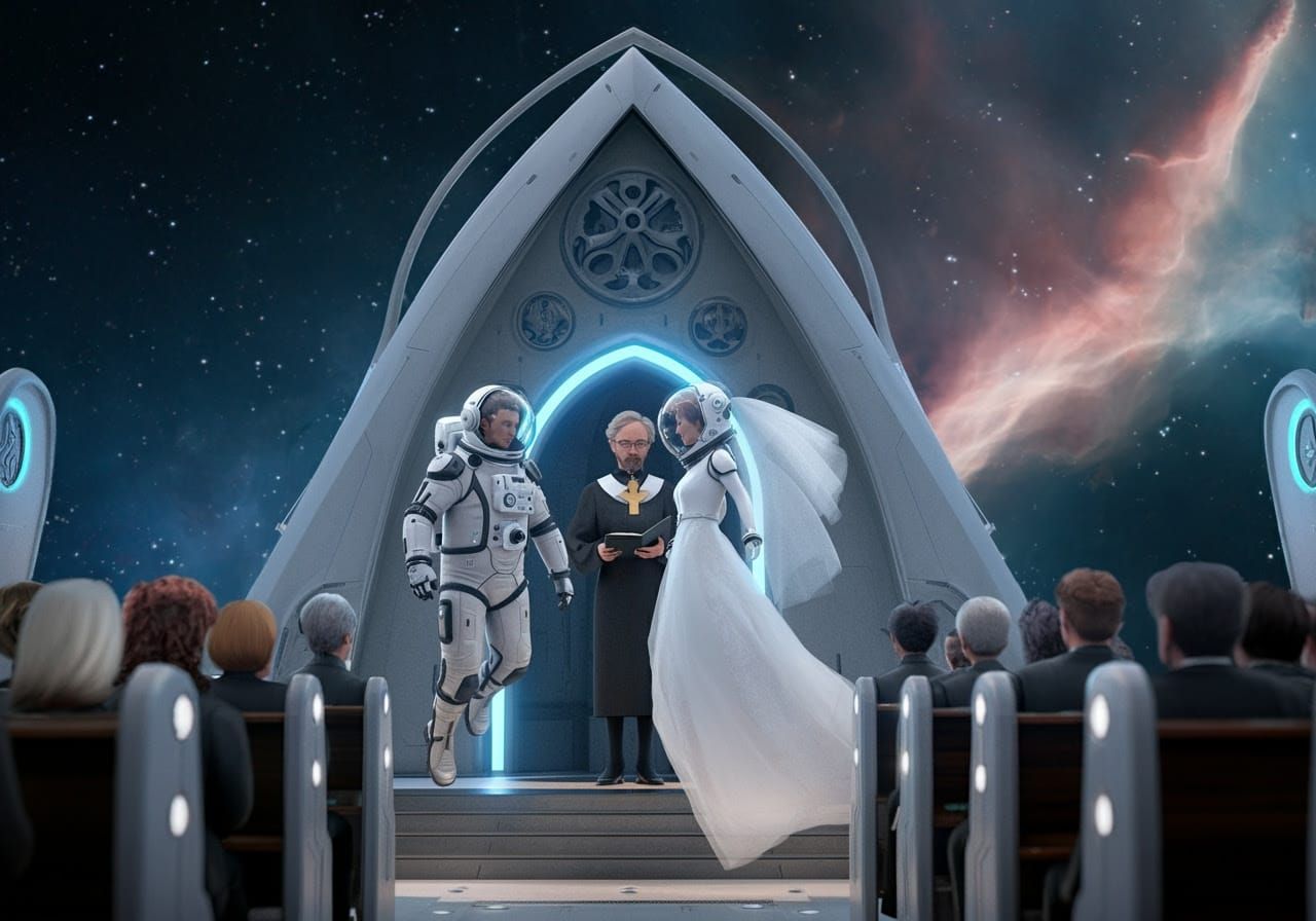 Space Wedding in Futuristic Church Spaceship with Intricatel...