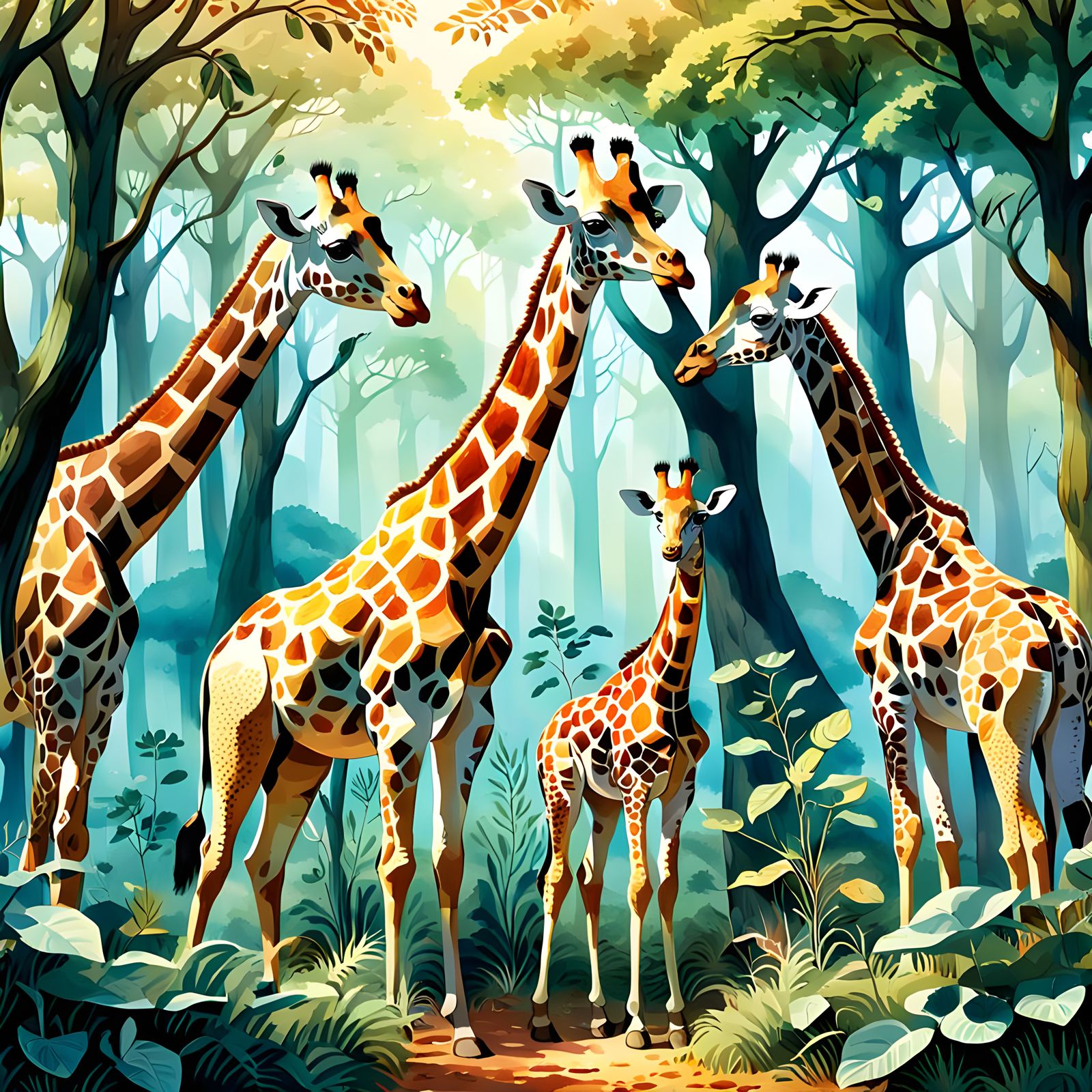AI Generated Woodland Giraffes in Natural Habitat