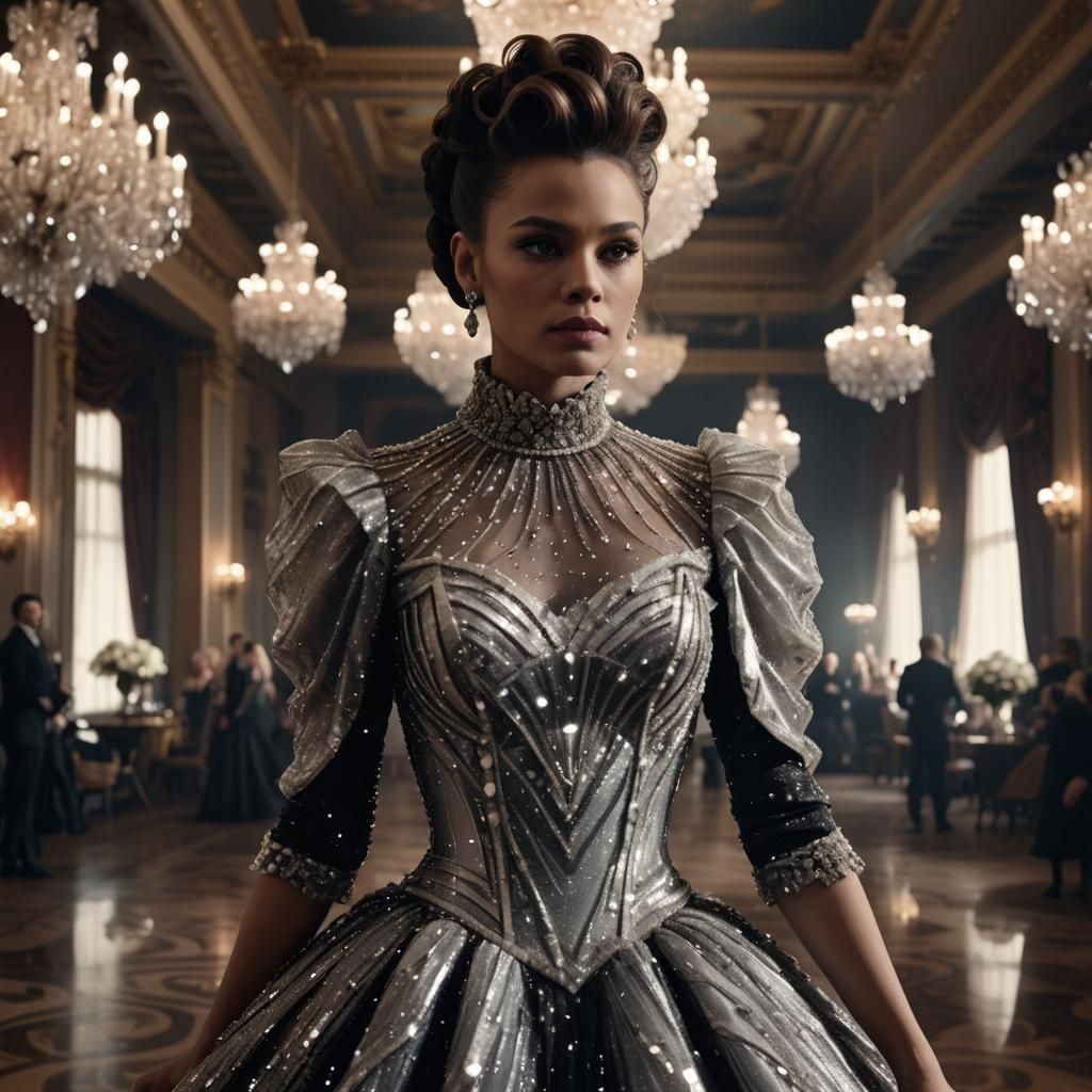Woman in Crystal Ballgown in Grand Ballroom