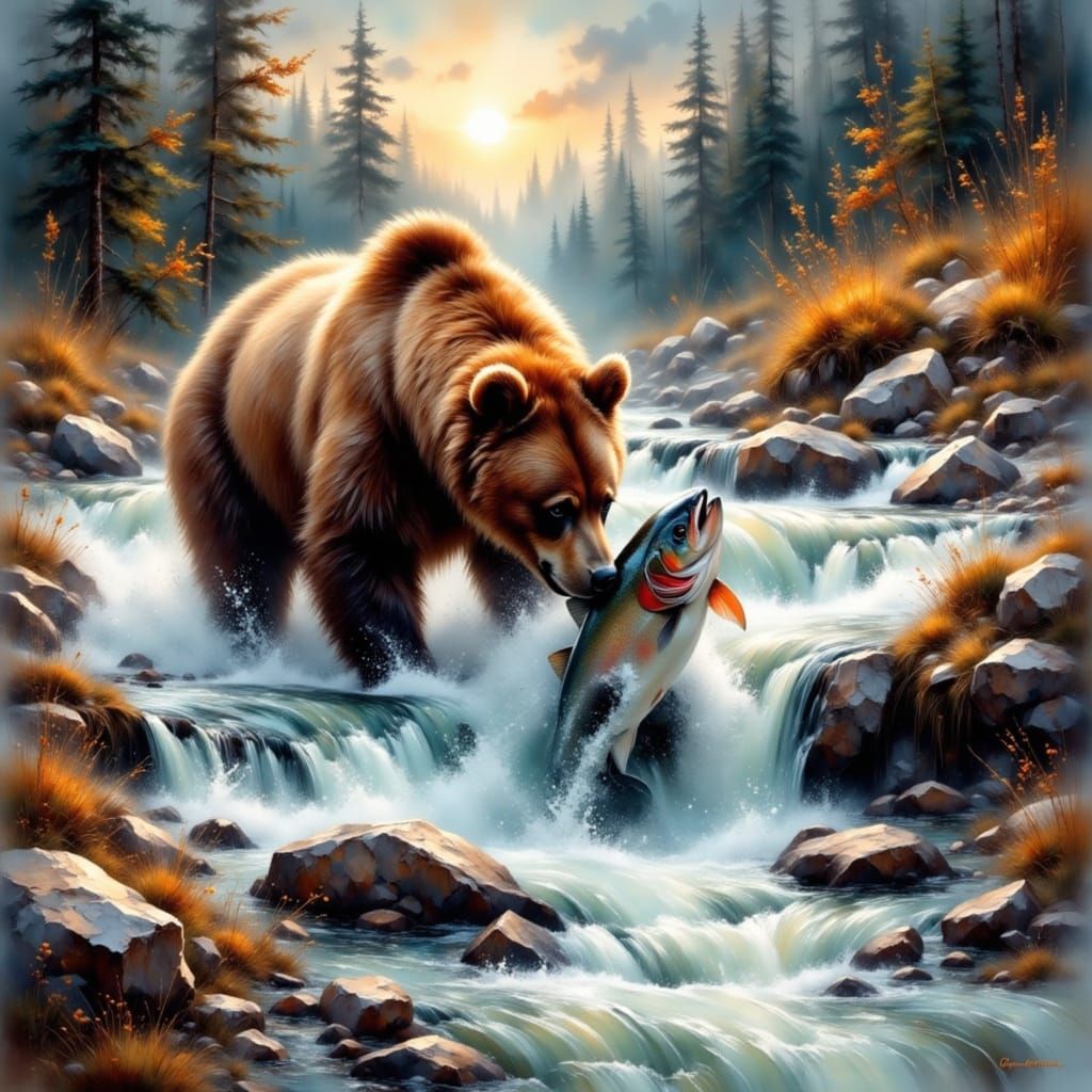 Bear and Salmon in Impressionist River Scene