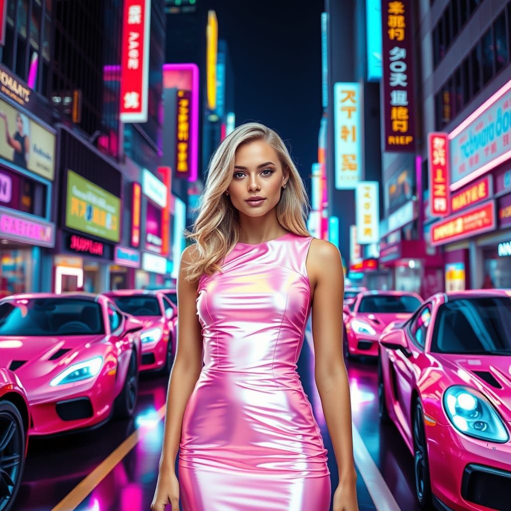 Blonde Model in Cyberpunk Cityscape with Neon Lights