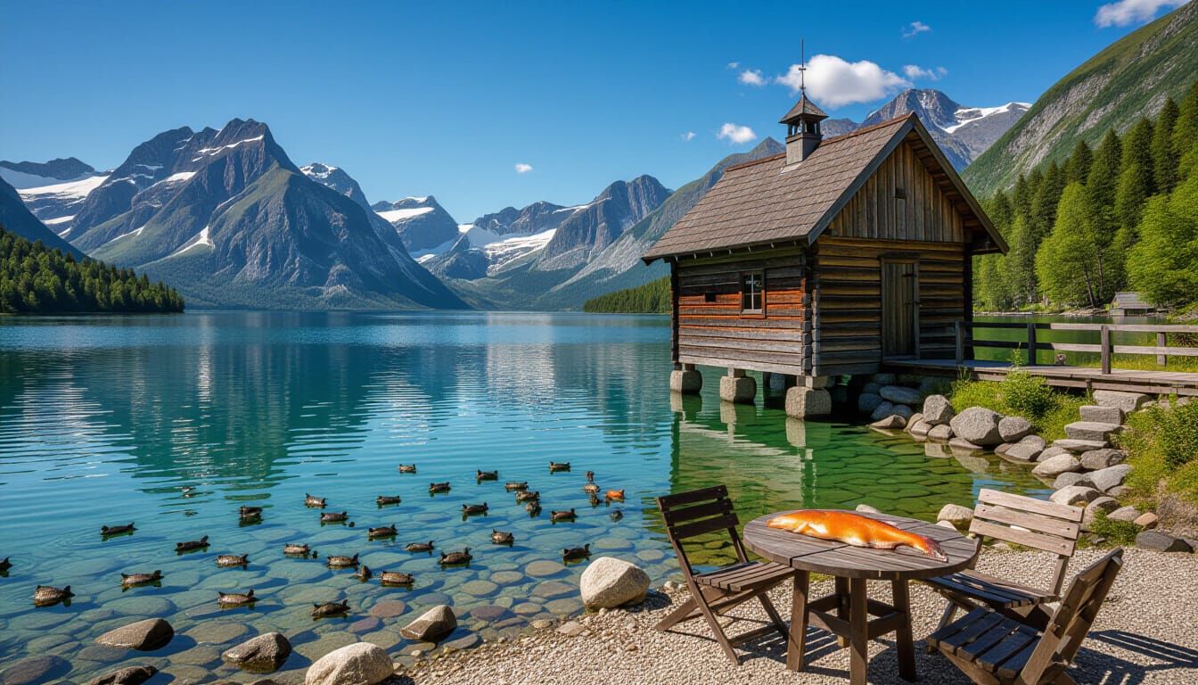 Idyllic Lakeside Cabin in Impressionistic Style