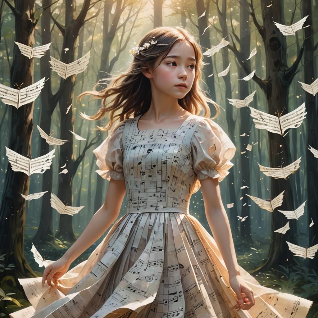 Girl in Musical Dress in Whimsical Forest