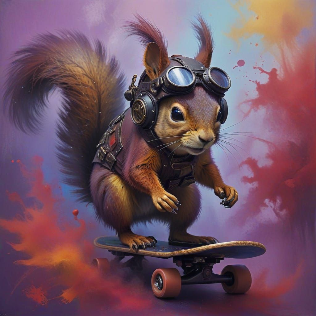 Steampunk Squirrel Rides a Vibrant Skateboard