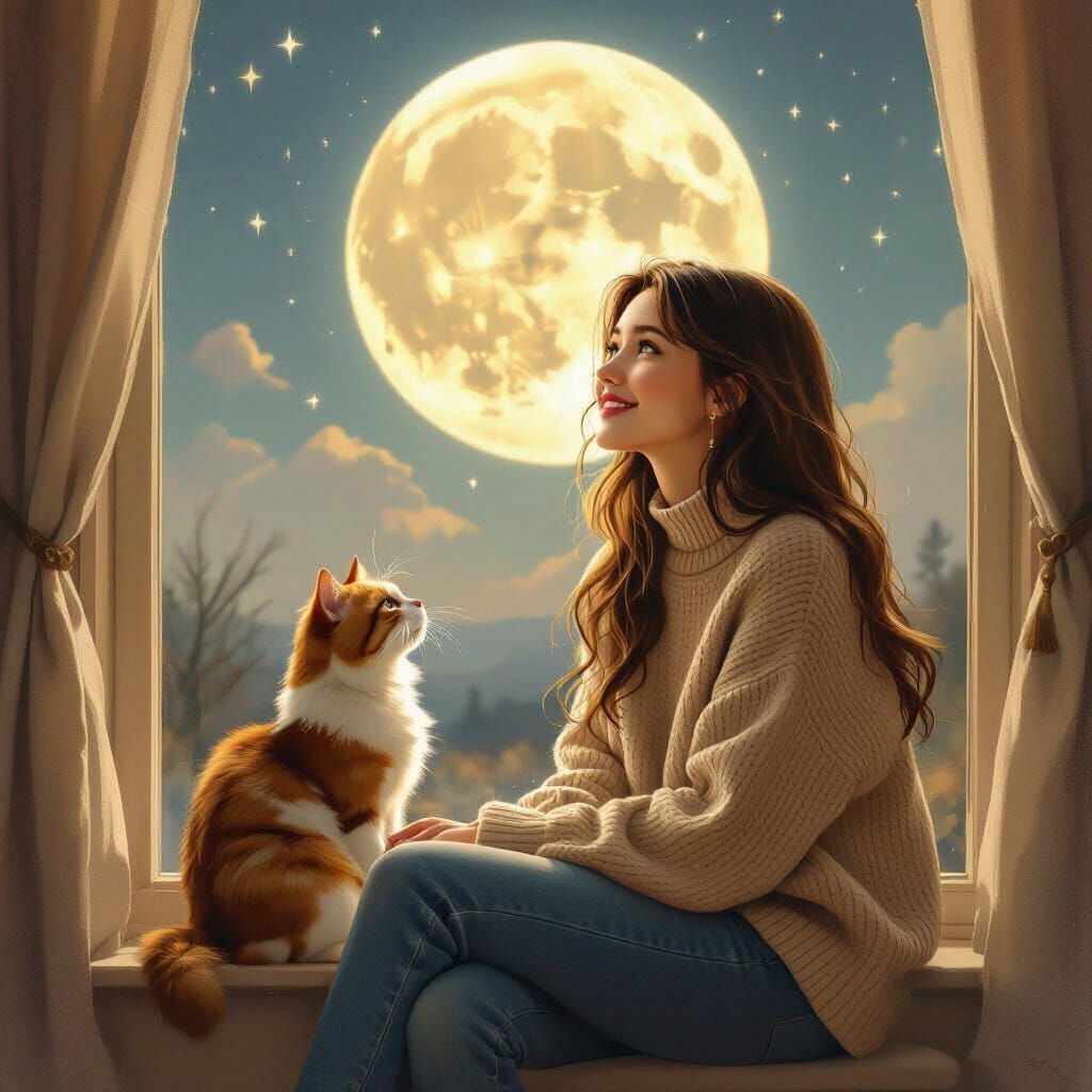 Woman and Cat Gazing at Moon in Impasto Style